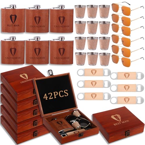 Acellegic 42 Pcs Groomsmen Gifts Set of 6 Groomsmen Proposal Box with Flasks Sunglasses Pine Box Funnel Bottle Opener Small Wooden Cups for Wedding Best Groomsman Man Gift(Brown)