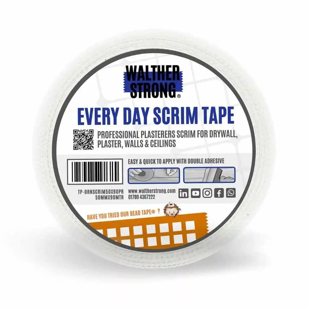 Walther Strong 50mm x 90m White Scrim Tape. Medium Strength Mesh Tape. Self-Adhesive Plasterboard Tape for Filling Cracks, Patching Holes and Reinforcing Joint Repair. White Plaster Tape