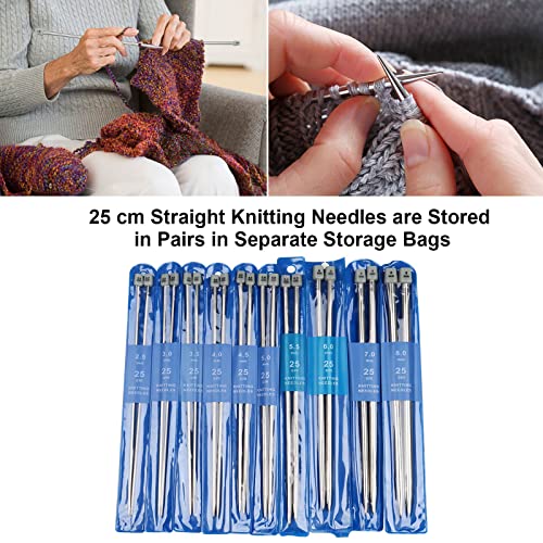 Image of Aeelike 11 Pairs Knitting Needles Set - 10 Inches Stainless Steel Knitting Needles Single Point with Roll Bag - Portable Metal Knittings Needle Set for Beginners Size 2mm to 8mm