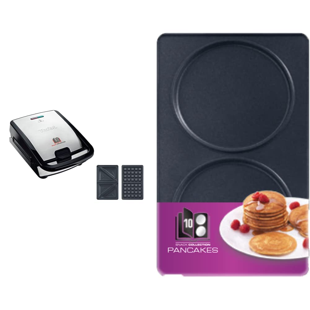 Tefal SW852D Snack Collection, Plaques Gaufres et Croque monsieur incluses, 2 Plaques Interchangeables, Noir/Acier Inoxydable, 700 W & Coffret Snack Collection de 2 plaques pancakes +livre de recettes