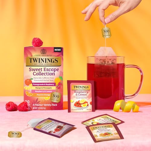 Image of Twinings Sweet Escape Fruity Herbal Tea Variety, 20 Count, Pack of 1 | Assorted 4 Flavours, Naturally Caffeine-Free, Enjoy Hot or Iced, 20 Teabags