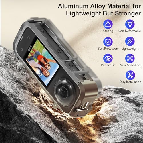Image of AMAZEAR Metal Frame Cage Screen Protector for Insta 360 X4 - Aluminum Case for Insta 360 X4 Accessories Anti-Scratch Stronger Housing Shell Cover with Tempered Glass, Silicone Lens Guard Cap
