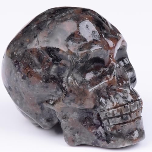 QLRSUXN 2 Inch Flame Yooperlite Stone Crystal Skulls Decor,Human Skull Sculpture Statues Healing Crystal Decor,Halloween Skull Figurines,Home Office Decoration Christmas Meditation Gifts for Men Women