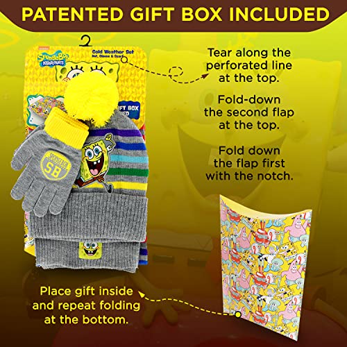Image of SpongeBob SquarePants Winter Hat, Scarf, and Snow Gloves for Kids, 3 Pc. Set, Warm and Cute Pom-Pom Beanie Boys Girl Toddler