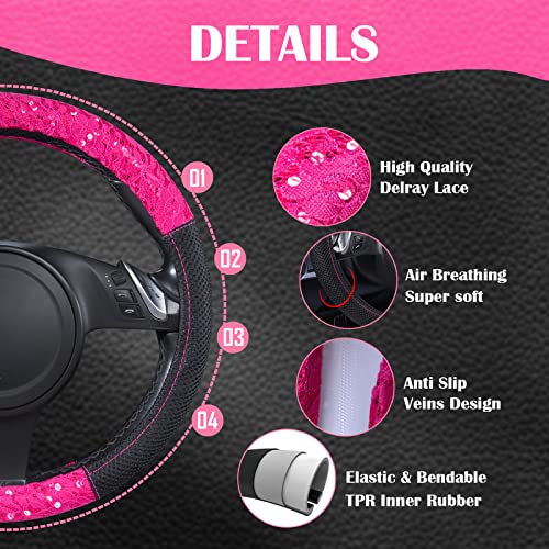 Car Pass Delay Lace And Spacer Mesh Steering Wheel Covers For Women Universal For Vehicles,Suv(Hot Pink) #TOP2