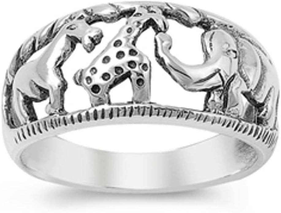 Elephant Giraffe African Animal Savanna Ring 925 Sterling Silver Band Sizes 4-12
