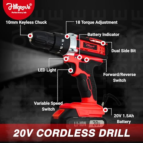 Image of Hillgrove Electric Rechargeable Wireless Mini Cordless Charging Screw Drilling Wall Hole Battery & Charger Power Drill Machine Kit Set for Home Use (12, RED, 20, Volts (DC))