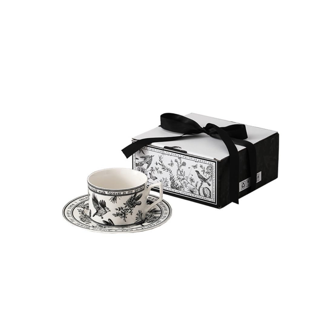 Zestawy kubków i talerzyków Kreatywna filiżanka do kawy i spodek, zestaw ceramicznych kubków o wysokiej wartości, prezent(Black)