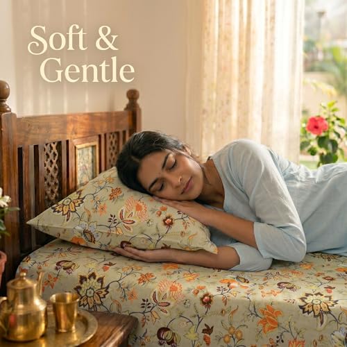Image of Mafatlal Saanjh 144 TC Cotton Single Bedding 90x60 Inch | Elegant Floral Print | Smooth Airy Weave | Premium Bedroom Collection | Jaipuri Collection | Pillowcase Included | Cannoli Cream