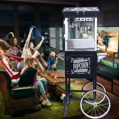 Image of Popcorn Machine with Cart - 8oz Popper with Stainless-steel Kettle, Heated Warming Deck, and Old Maids Drawer,Black