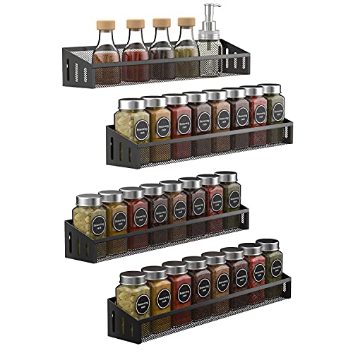 Auledio 4 Pack Kitchen Counter-top or Wall Mount Spice Rack Jars Storage Organizer,Black