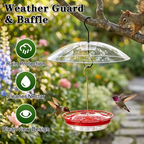 Image of FEED GARDEN Hummingbird Feeder with Rainproof Dome, 16oz Nectar Feeder 11.8 inch Rain Guard Weatherproof Ant Moat Easy Fill & Clean Hanging Leak-Proof BPA-Free