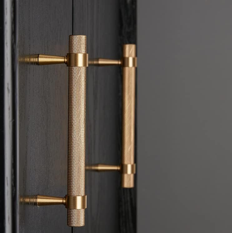 Set of 2 Solid Brass Cabinet Drawer Pulls 6.3 Inch Length (5 Inch Hole Centers) Furniture Hardware Gold Hole Knurled Textured Modern Kitchen Cabinet Handles Bedroom Brass T Bar (2, Gold)