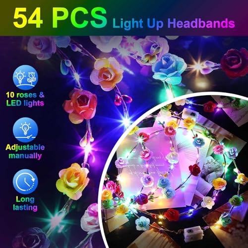 54 PCS LED Flower Crowns Headbands, Light Up Flower Crowns For Women, Glow in the Dark Headband for Wedding Reception Mardi Gras Cosplay Princess Party Favors Birthday Christmas Halloween3