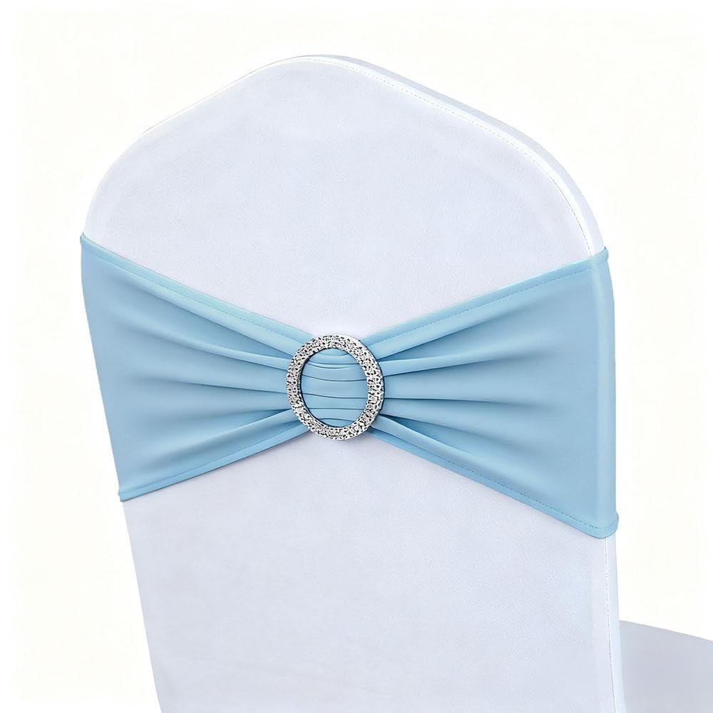 MAGTOWNE 50 Pack Baby Blue Chair Sashes, Blue Spandex Chair Bands for Wedding Gender Reveal Party Decor, Baby Blue Bows for Folding Chairs