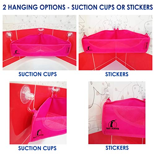 Bath Toy Organizer - BOTH Suction Cups and Stickers for Hanging - Bathtub Toys Holder Storage Net - Corner Shower Caddy Bag for Kids - Bathroom Basket for Baby Boys and Girls - Mesh Hammock - Thumbnail 3
