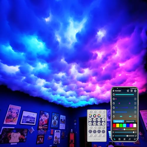 Neisouf USB 3D Cotton Thundercloud LED Light DIY RGB+IC Chasing Ceiling Cloud Lights with APP and Remote Control for Room Decor 10ft
