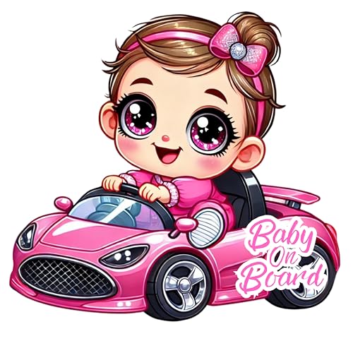 Image of Premium Baby On Board Signs, Car Essentials - Baby On Board Sticker - 1 Pack, 7 inch by 7 inch - Cute - Cartoon Safety Signs - Non Magnet - Durable Strong Adhesive (Pink Sport Car)