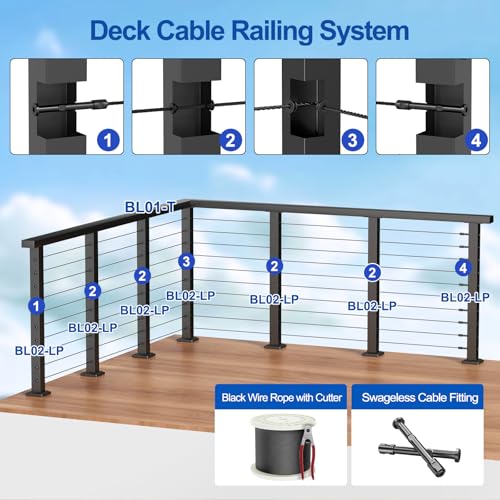 Image of BLIKA 12FT-20FT Complete Set 42 inch Cable Railing Post Kit, Black Level Drilled Cable Railing Post, Swageless Cable Railing System Include 4Pack Level Posts, 1 /8 inch 300FT Stainless Steel Cable(No Handrail)