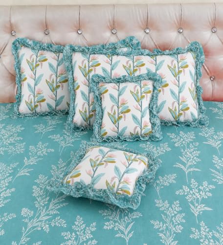 Image of VOMZER 5-Piece Premium Printed Bedsheet Set 300 TC King Size | Cotton Blend Modern Design Flat Bedsheet, Aqua Lily- Cream Tree