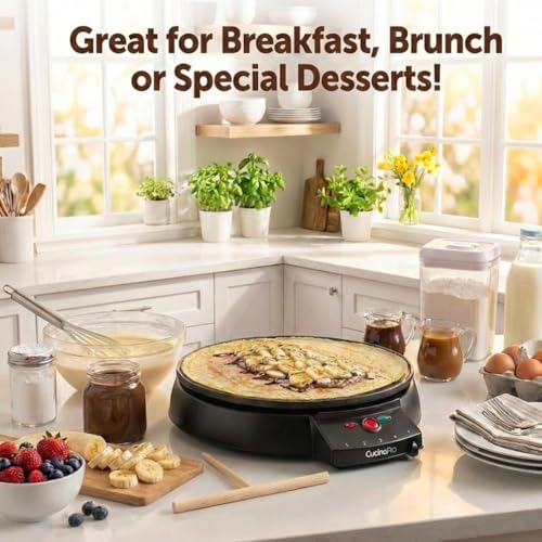 12" Griddle & Crepe Maker, Non-Stick Electric Crepe Pan w Batter Spreader & Recipe Guide- Dual Use Hot Plate for Morning Blintzes Eggs Pancakes- Portable, Adjustable Temp Settings- Valentines Day Gift