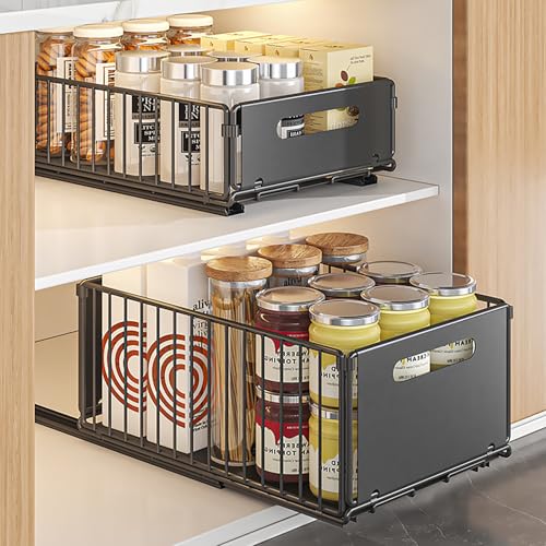 IVTUVTI 2 Pack Foldable Extendable Closet Organiser, Extendable Drawer Shelf Storage for Organizing Kitchen Cabinets (Large+ Small)