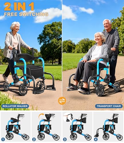 Image of Foldable Rollator Walker with Seat for Seniors,Lightweight 2-in-1 Rolling Walkers and Wheelchair Combo with Adjustable Handle Height,Transport Chair with Brakes 300 lbs Weight Capacity