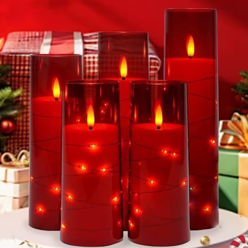 Image of Enido 10 Pc Flameless LED Candles with Remote & Timer, Battery Operated Acrylic Pillar Set, Flickering Electric Lights with Embedded Star String for Cozy Home & Holiday Romantic Decor (Matte Red)
