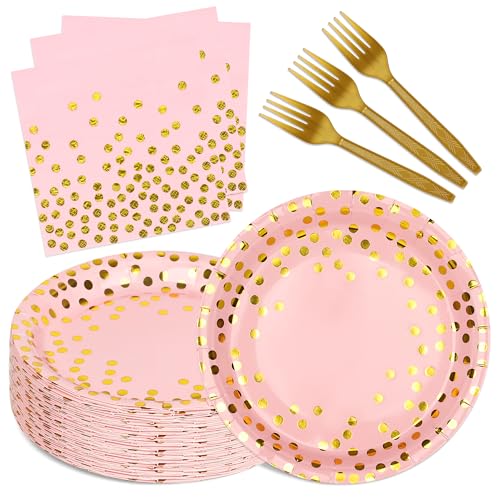 Upigi Pink and Gold Paper Plates and Napkins Party Supplies Serves 25 Guests Pink Gold Plates and Napkins Disposable Paper Tableware Set for Birthday Wedding Bridal Shower Baby Shower Decorations