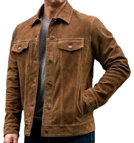 NYC Fashions Brown Suede Jacket Men Western Trucker Jacket Brown