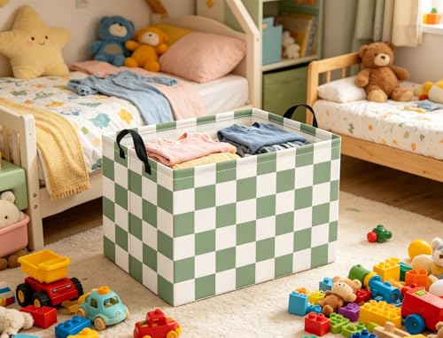 Image of Rectangular Kids Basket Baby Girl Basket Fabric Storage Bin Organizer Box Room Decor(Green Checkered)