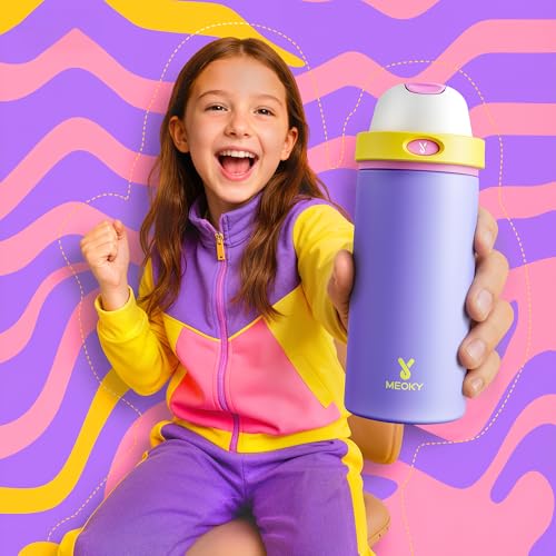 Image of 18 oz Insulated Water Bottle for Travel: Meoky Stainless Steel Kids Water Bottle with 2-in-1 Straw and Spout Lid - Leak Proof, Fits in Car Cup Holder, BPA-Free for Gym School, Starry Lilac