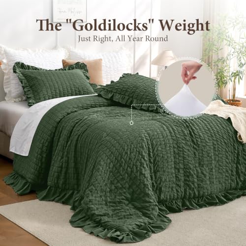 Image of JOLLYVOGUE Olive Green Queen Comforter Set,3pcs Ruffle Seersucker Bed Set | OEKO-TEX Certified, All Season, Down Alternative Fill, Lightweight Bedding Set with Ruffle Comforter & Pillowshams, Easy Care
