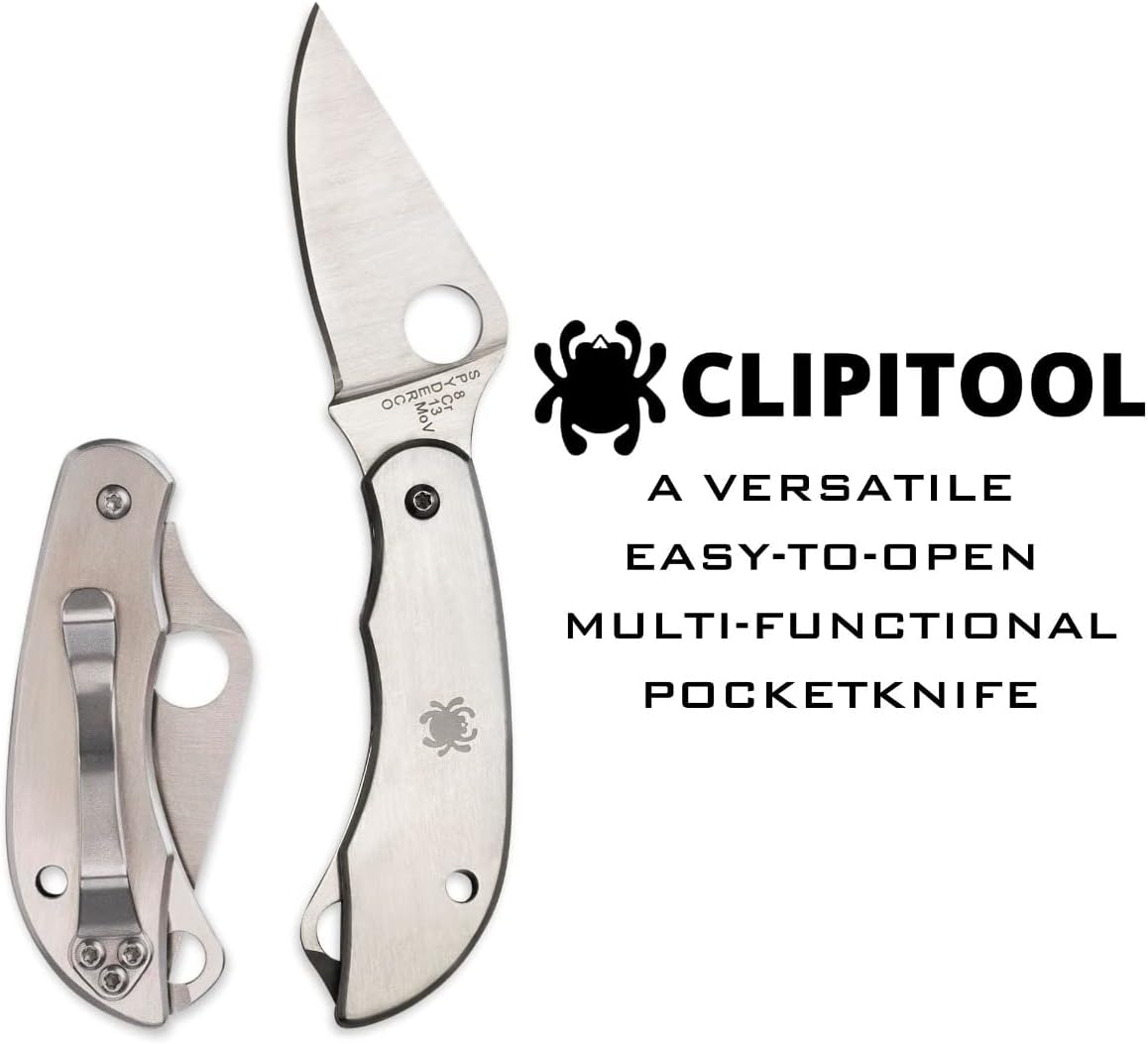 Spyderco ClipiTool Folding Utility Knife with Stainless Steel Handle Plain and Serrated Edge, Full-Flat, 8Cr13MoV Steel Blade and SlipJoint System - C176P&S