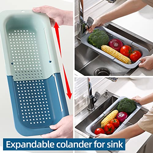2 In 1 Expandable Over The Sink Strainer Colander Bowl Set, Adjustable Sink Colander Strainer Basket For Kitchen Sink, Wash Drain Dry Vegetables Fruits Pasta, Bpa Free Dishwasher Safe Blue, Toolinhand #TOP5