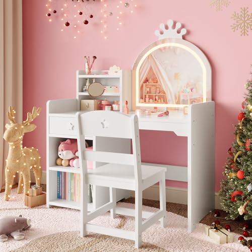 Garvee Coiffeuse pour Enfants avec Miroir Lumineux, Ensemble Table Et Chaise pour Enfants, 2 en 1 Bureau Enfant avec Etagères De Rangement pour Filles
