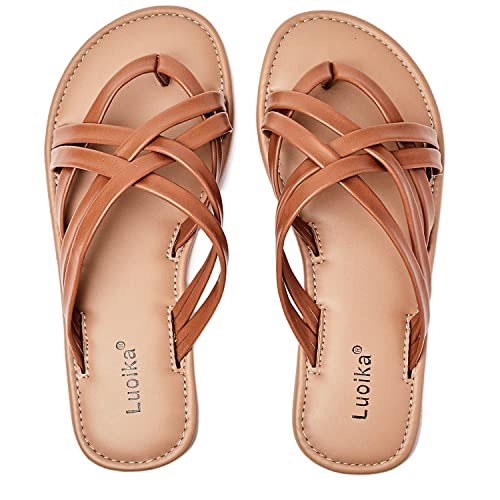 Image of Luoika Women's Wide Width Flat Sandals, Flip Flop Slides Sandal Casual Strapy Sandal Slip on Summer Beach Shoes for Women.