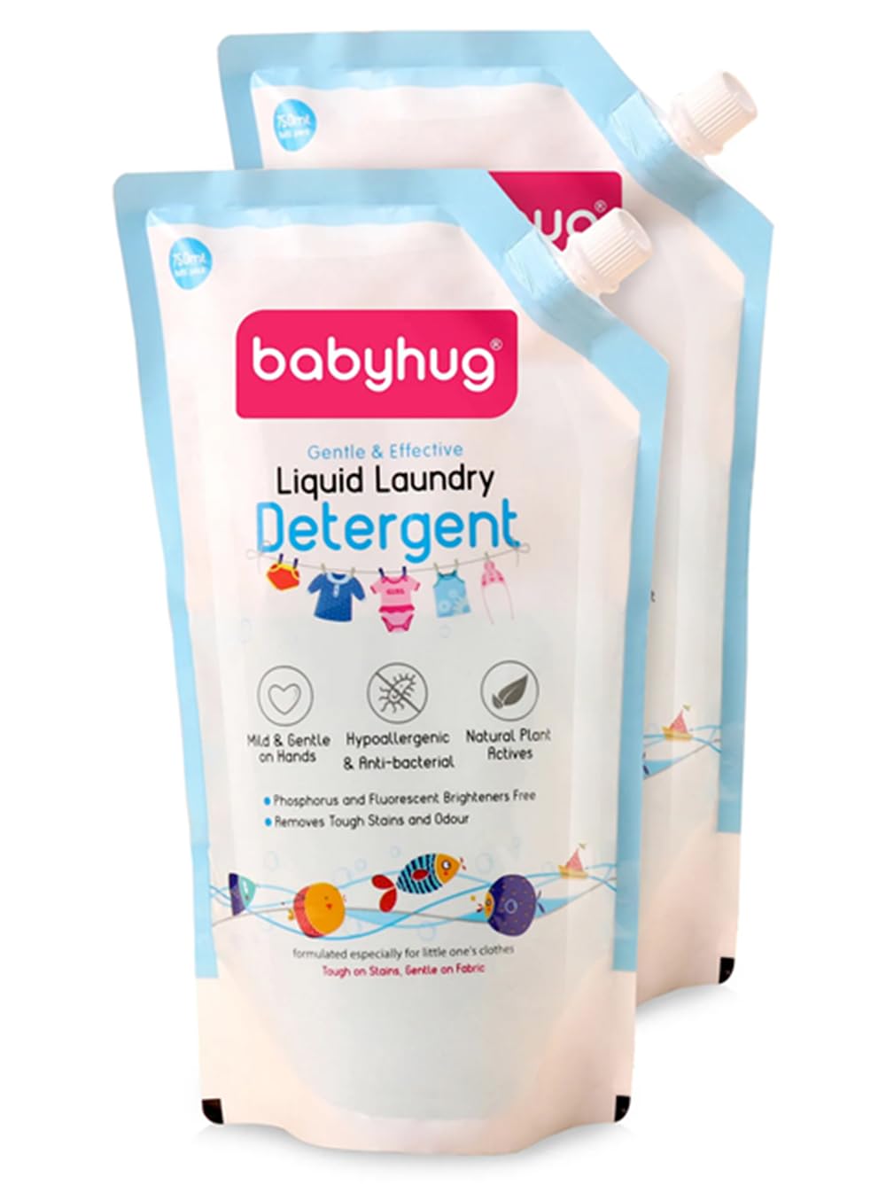 Babyhug Gentle Liquid Laundry Detergent, Hypoallergenic with Natural Plant Actives, Refill Pack, 750ml, Pack of 2