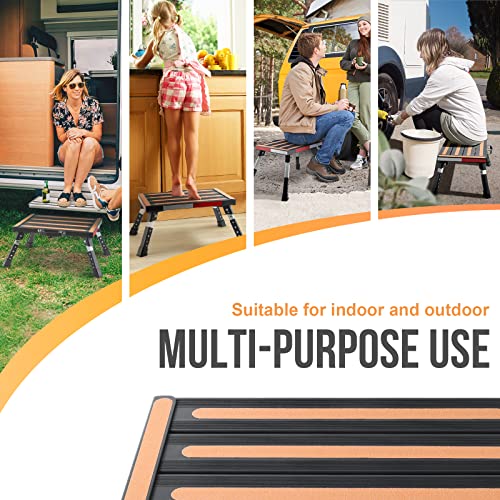 Image of Safety RV Steps, Yagud Height Adjustable Folding Platform Step with 17 inch X 12 inch Anti-Slip Surface, Rubber Feet, Handle, Reflective Strips, and T Level, Aluminum RV Step Stool Supports Up to 1000lbs