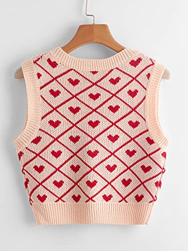 SweatyRocks Women's Plaid Geo Sleeveless V Neck Knit Crop Top Sweater Vest Heart M - Image 3