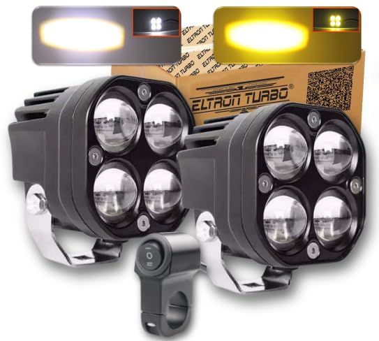 ELTRON TURBO Warranty Original Imported 12V DC Power 4 LED Fog Light, Waterproof Head Lamp, Bar Light Universal For All Motorcycle, Bikes, Scooty (Pack of 2, 40W, Free Switch, White + Yellow)