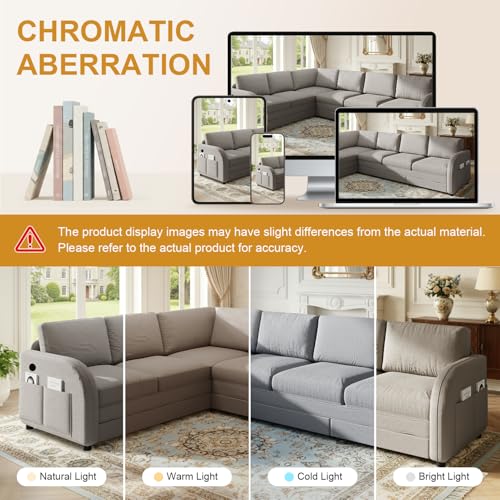 Image of KCGKCG 115.2 inch L Shaped Couch Bed, Sectional Couches for Living Room, Teddy Fabric Sleeper Sofa Bed with Pull Out Couch, Convertible Sectional Couch with Charging Station & Side Pocket, Light Grey