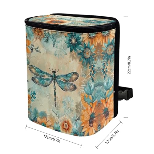 Image of DISNIMO Floral Dragonfly Car Trash Can for Car Cute, Car Trash Bag Bin Hanging Foldable Automotive Car Garbage Cans Leak Proof Vehicle Trash Can Black