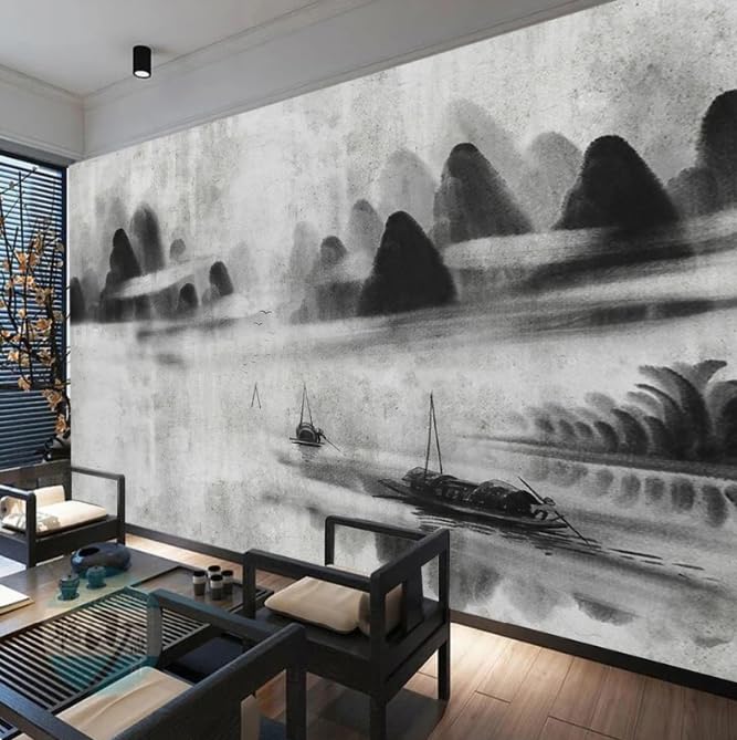 Papier Peint Noir Blanc Paysage 3D pour Salon et Restaurant 350x256 cm