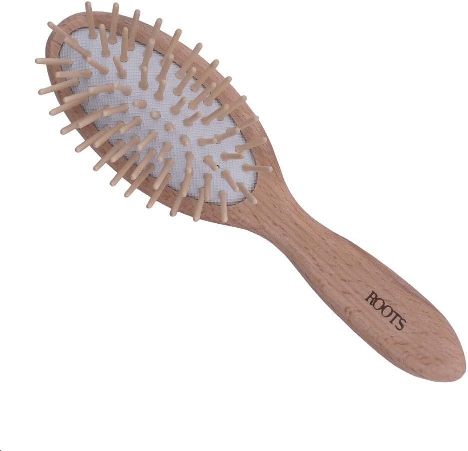 ROOTS Wooden Hair Brush with Wooden Pins | Round Soft Tips | Prevent Scalp Scraping & Cuticle Damage | Lightweight & Provide Massage | For Men & Women | Length 6.8 Inch, Model No - WPS-BW