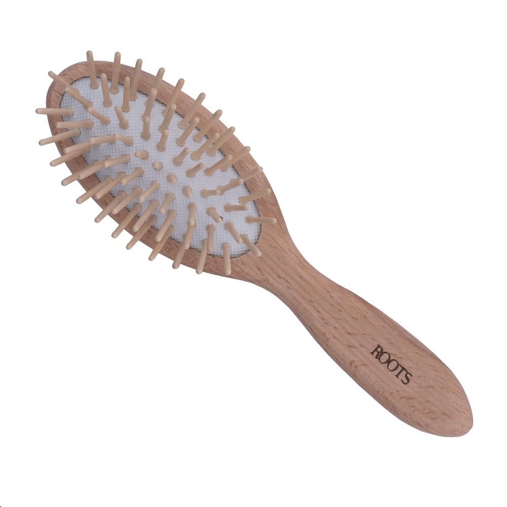 ROOTS Wooden Hair Brush with Wooden Pins | Round Soft Tips | Prevent Scalp Scraping & Cuticle Damage | Lightweight & Provide Massage | For Men & Women | Length 6.8 Inch, Model No - WPS-BW