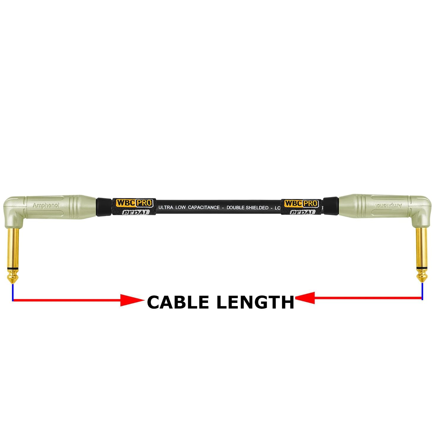 Pedal WBC-PRO-de 10 pies - 22 AWG - Tapa baja (18 pF/pies) - Grado profesional - Basado en grafito - Pedal de doble blindaje, efectos, parche, cable de instrumento y conectores TS dorados en ángulo
