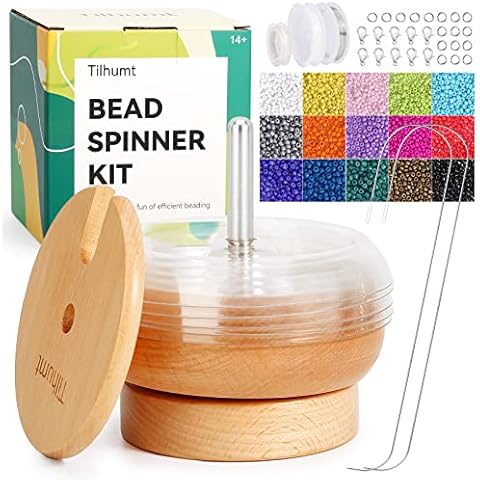 Tilhumt Bead Spinner Kit with 5 Quick Changed Bowls, 4.4" Clay Bead Spinner with 15,000 Beads (15 Colors) and 2 Big Eye Needles, Beading Supplies for Jewelry Making Cover