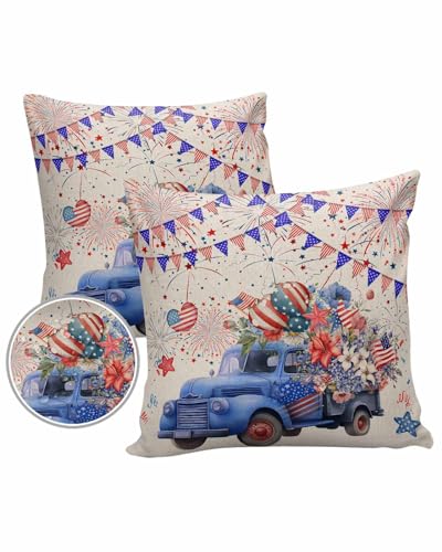 Pack of 2 Outdoor Pillow Covers 4th of July Throw Pillow Covers Decorative Outdoor Pillows Waterproof Outdoor Cushions for Patio Couch Garden Bench Tent Bed Sofa 18x18 Inch Blue Truck Carrying Poppies