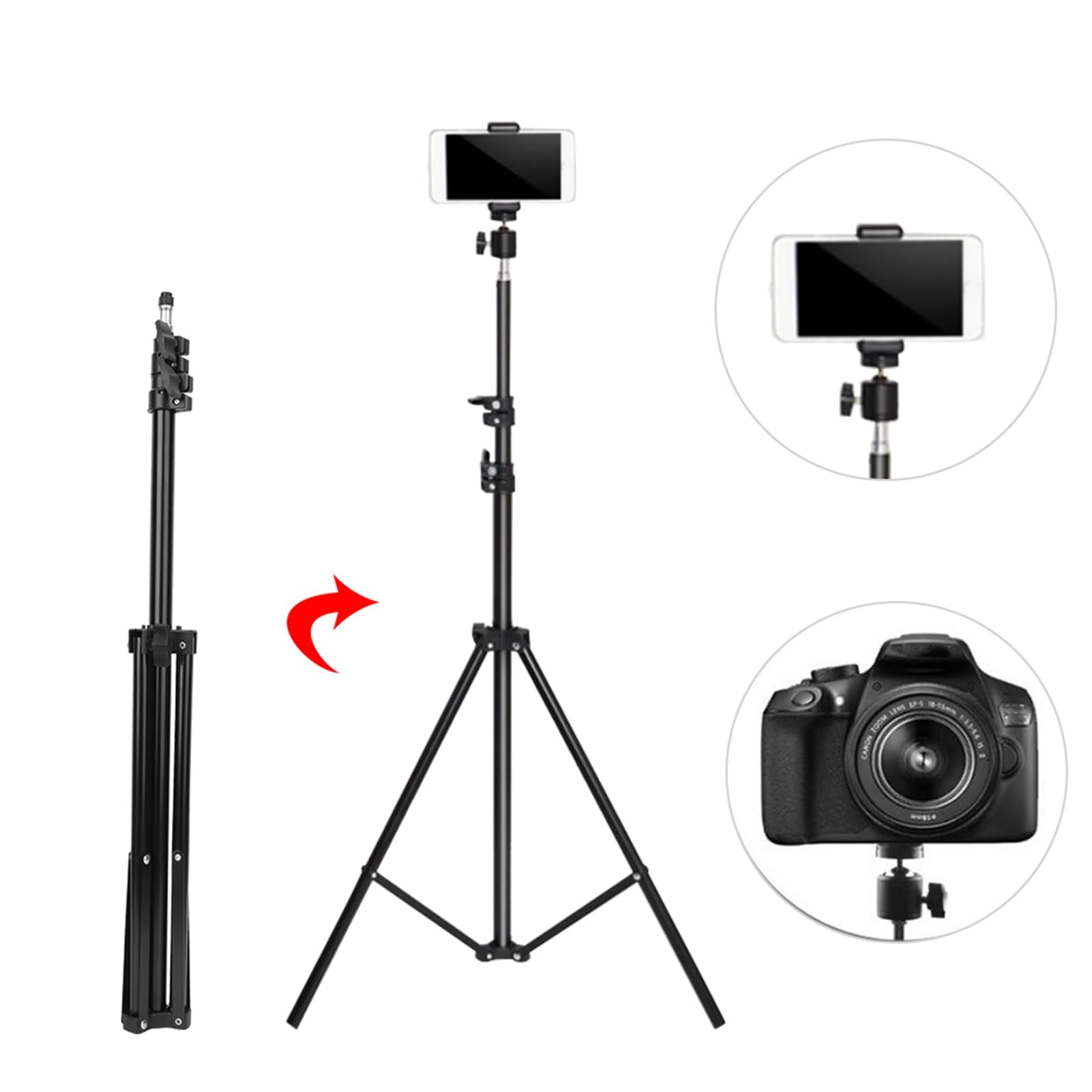 Trépied Extensible pour Appareil Photo Numérique, Rotation à 360 Degrés, Idéal pour Les Amateurs de Photographie, Longueur 200 Cm, Noir
